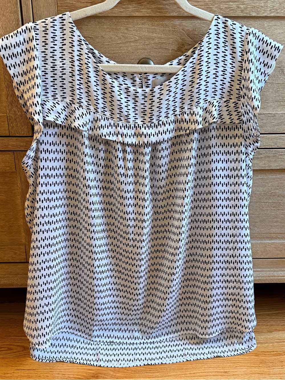 LOFT White and Black Patterned Cap-Sleeve Blouse